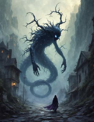 The primary subject of the image is a large, dark, and twisted tree with a face, which appears to be a demonic creature. The tree is located in a village setting, surrounded by buildings and a person walking nearby. The visual style of the image is a digital art or illustration, with a dark and eerie atmosphere. The dominant colors are black, white, and shades of gray, creating a sense of mystery and danger.